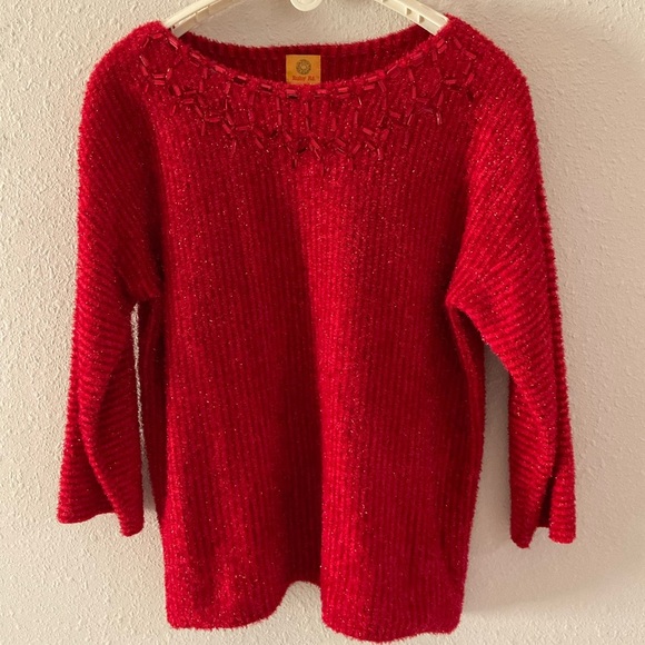 Ruby Rd. Sweaters - Ruby Rd. Sparkly Sweater Red Metallic Detail 1/4 Length Sleeves Women’s …